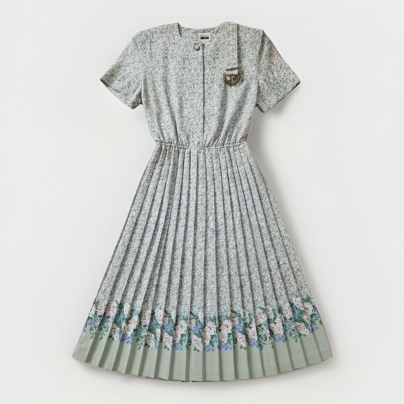 Leslie Fay Vtg Sage Green Pink Floral Cottagecore Belted Pleated Midi Dress 10 - Picture 1 of 8